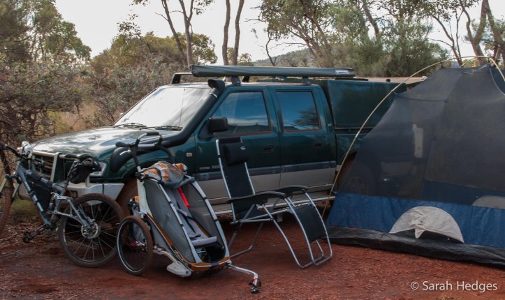 More luxuries of car camping: my bike, Bryn's Chariot, one ridiculously plush camping chair and yep, a choice of tents.  This one is my preference most nights: a giant mozzie dome that allows us to watch the stars but keeps the bities at bay